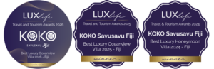 KOKO Savusavu Fiji wins Best Luxury Honeymoon Oceanview Villa 2026 and 2025 and 2024 Winner Badges for LUXlife Travel Tourism Awards